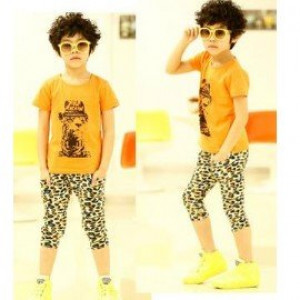 [Buy high-quality spring and summer new 5-7 pants brother and sister neutral suit to Hello, men and women can wear] - leopard head tide section of high-quality short-sleeved casual suit / leisure suits / children's clothing ☆ 100-140 ☆